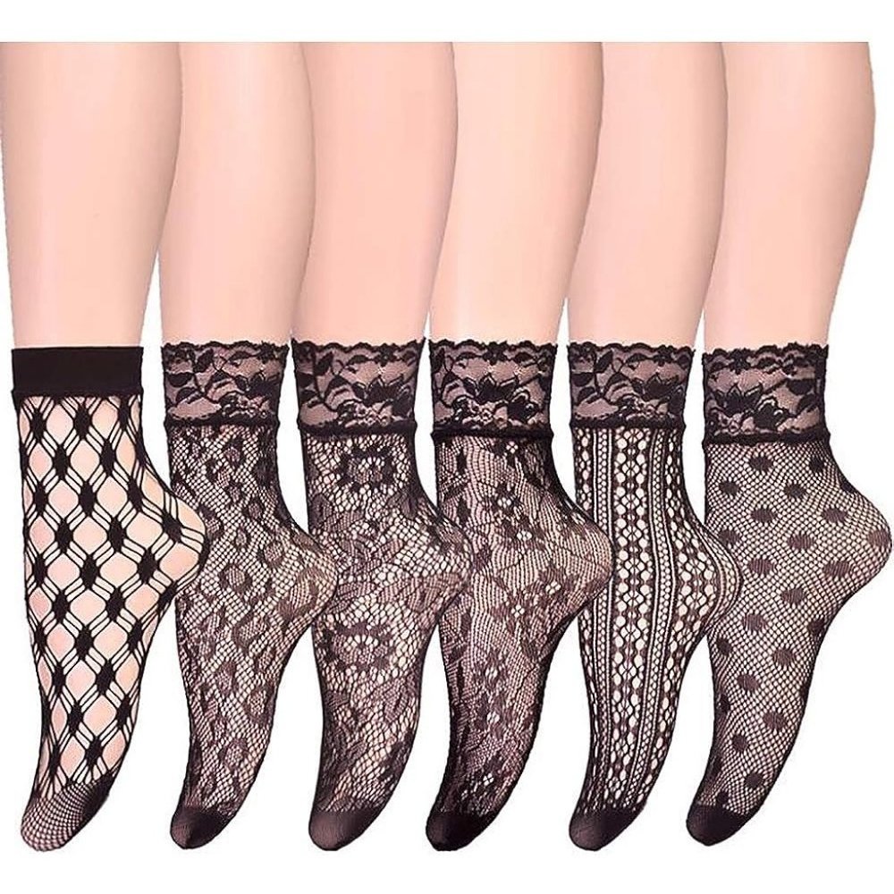 Nylon women Black 6 Pairs Lace Fishnet Anklet Dress Socks